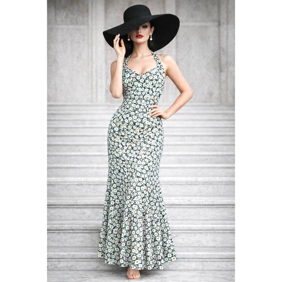 PrettyGarden Dresses & Skirts - Pretty Garden M Navy White Floral Halter Backless Tiered Ruffle Maxi Boho Dress